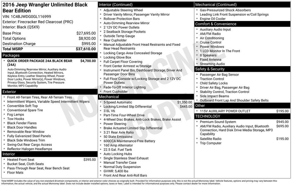 2016 Jeep Wrangler Unlimited Sport Black Bear Package