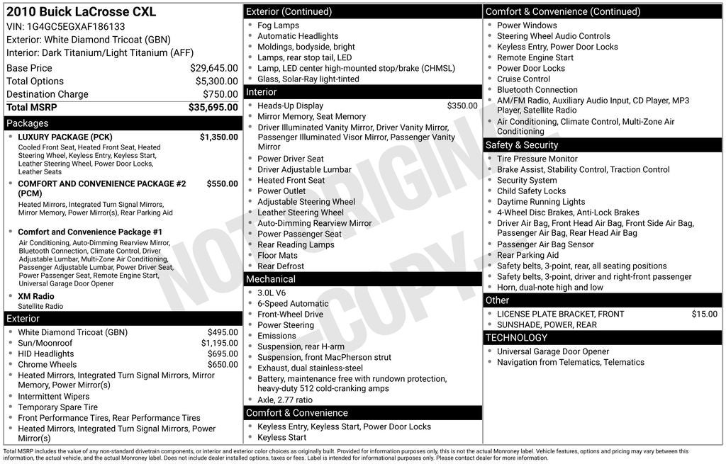 2010 Buick LaCrosse CXL Oversized Power Sunroof