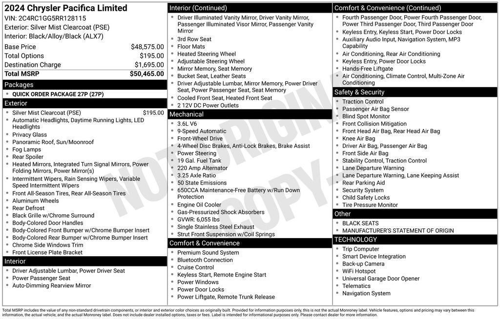 2024 Chrysler Pacifica Limited Power moonroof