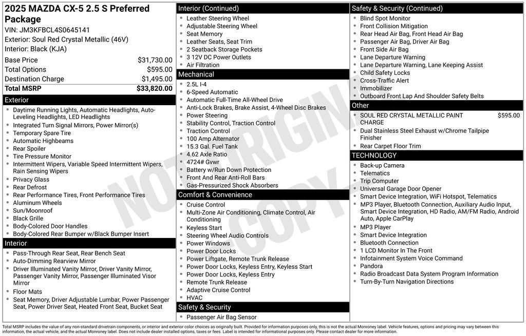2025 Mazda Mazda CX-5 2.5 S Preferred Package Power moonroof