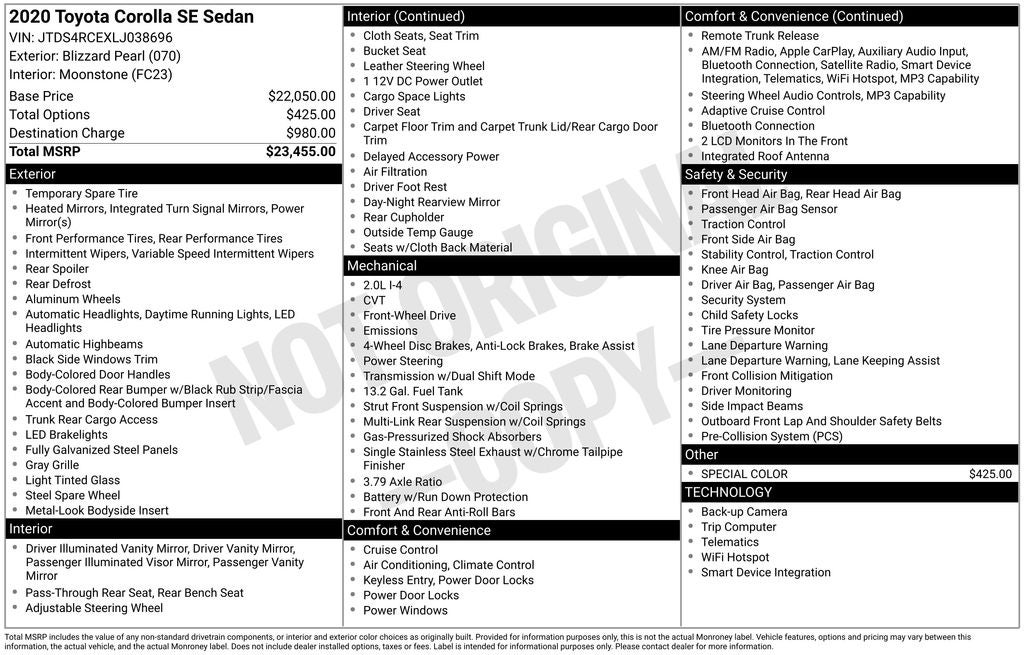 2020 Toyota Corolla SE Radio: Audio AM/FM w/Navigation