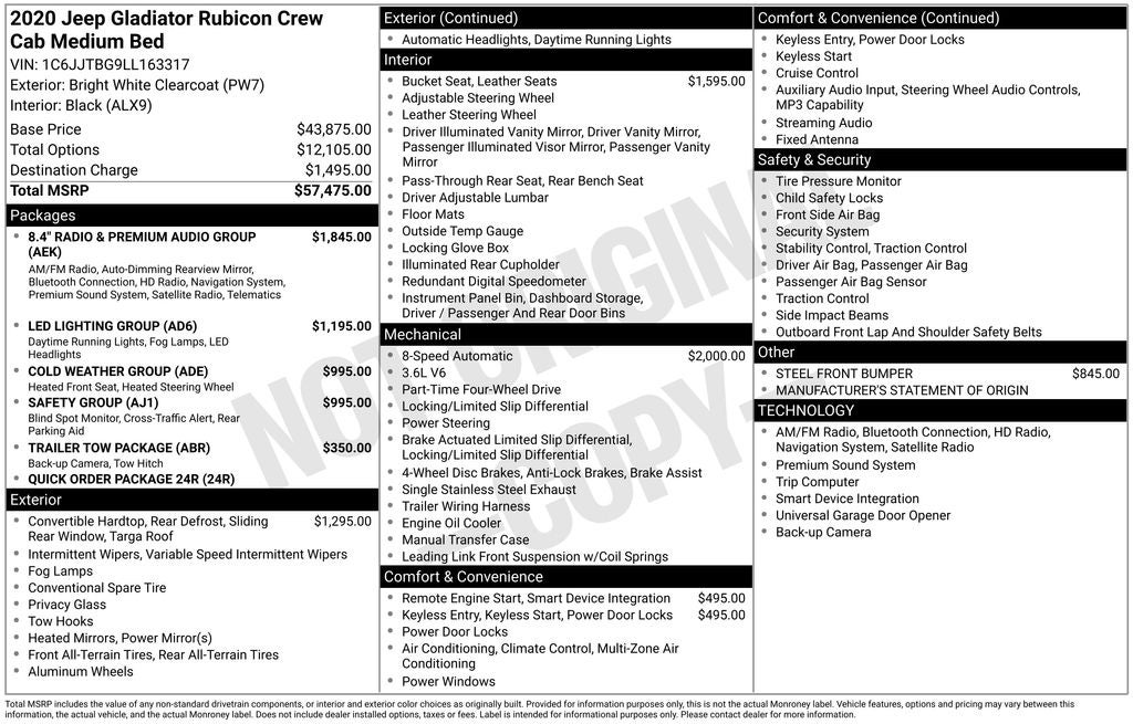 2020 Jeep Gladiator Rubicon V6 Navigation w/8.4" Display Keyless Entry Safety