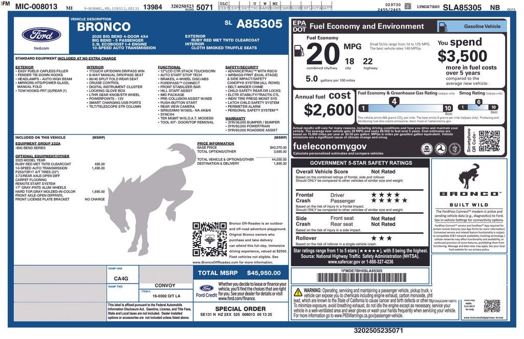 2025 Ford Bronco Big Bend 2.3 ECOBOOST 10 SPEED TRANS HARD TOP REMOTE START