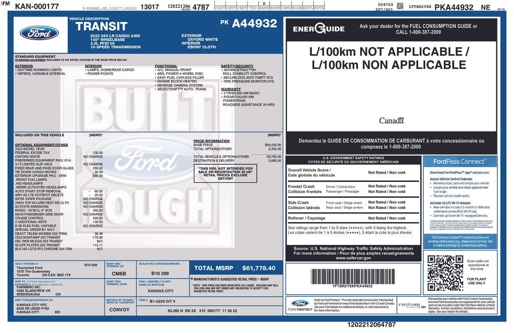 2023 Ford Transit-250 Base AWD Low Roof 130" WB V6 Rear Camera Reverse Sensi