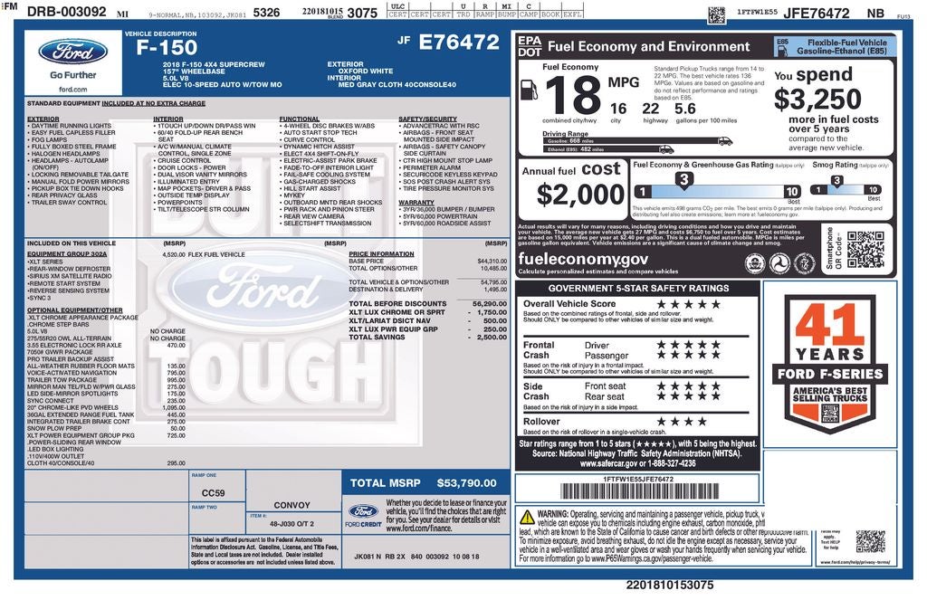 2018 Ford F-150 XLT Crew Cab 5.0 Liter V8 Chrome Pkg Tow Group Long Bo