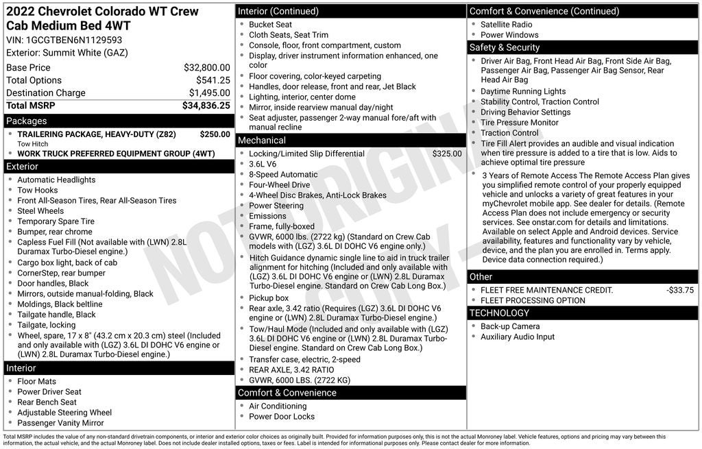 2022 Chevrolet Colorado Work Truck crew Cab 4x4 V6 Rear Camera