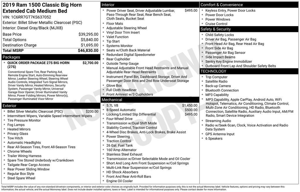 2019 RAM 1500 Classic Big Horn Quad Cab 4x4 6'4' Box